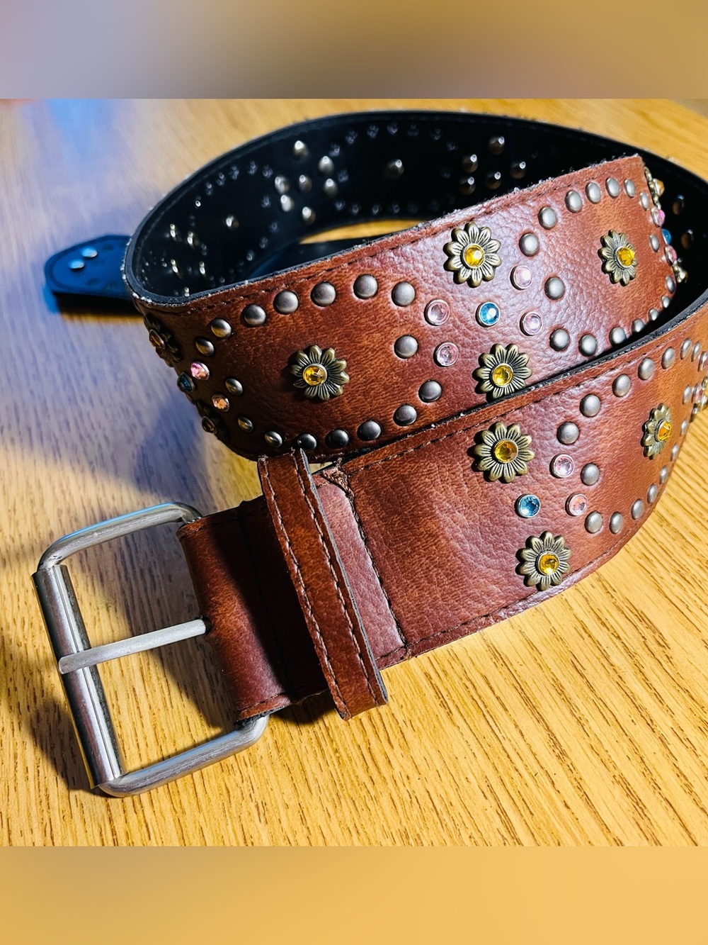 Brown Studded Women’s Belt with Floral Rivets and Colorful Rhinestones